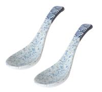 COOPHYA 2pcs Japanese Style Ceramic Soup Spoon Multi-Function Household Soup Spoon with Blue Color and Simple Retro Design for Dining and Ramen Serving
