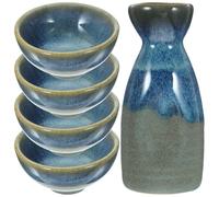 COOPHYA 5pcs Traditional Japanese Ceramic Sake Set Retro Style Sake Pot and 4 Ceramic Cups on Tray, Japanese-Style Rice Wine Drinkware for Home and Use