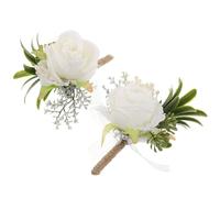 COOPHYA Artificial Corsage 2pcs Lapel White Set Boutonniere Pin Rose, Elegant Fabric and with Realistic Appearance for Men Wedding Prom and Formal Events