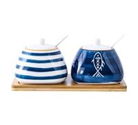 COOPHYA Japanese Style Ceramic Kitchen Spice Jars Set with Hand-Painted Patterns, Practical Design and High Temperature Resistance, Round Condiment Canisters for Cooking and Home Use