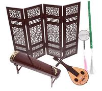 COOPHYA Miniature Chinese Guzheng and Pipa Musical Instrument Model with Vintage Double Panel Decorative Screen for Dollhouse Decor Smooth Polished Traditional Design Reusable Prop for