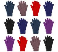 Cooraby 12 Pairs Winter Magic Gloves Stretchy Warm Knit Gloves with Mesh Storage Bag for Men or Women, Black, Coffee, Grey, Purple, Red, Blue, Medium
