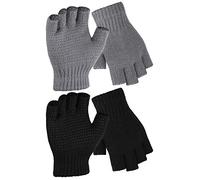 Cooraby Unisex Adult Fingerless Non Slip Knitted Stretchy Gloves, 2 Pairs, Black, Grey, L
