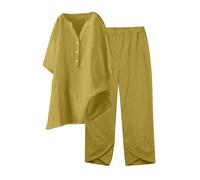 Coord Outfit Women UK Sale,Tracksuit Womens Full Set Plain Summer Loose Short Sleeve Italian Lagenlook Button V Neck Shirt and Elastic Trousers Ladies Lounge Wear 2 Piece Outfits Y2K Streetwear