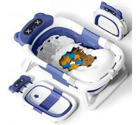 COOSEYA Baby Bath Tub Foldable, Baby Bathtub Collapsible Essentials for Newborn with Soft Cushion (0-18Months), Baby Shower for Infant to Toddler Gift Portable Space-Saving Travel, Navy Blue