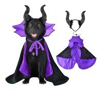 CooShou 2 Pcs Dog Halloween Costume Set Cat Witch Vampire Cape Devil Horns Hat Holiday Clothes for Cat Puppy Halloween Party Pet Outfits (Purple) L