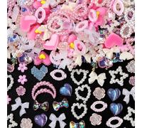 COOSLIM 110 Pieces Assorted Beads 3D Nail Charms Pink Assorted Shapes Heart Flower Bow Heart Star Bows Round White Beads for Manicure DIY Crafts (White/Pink)