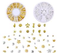COOSLIM Gold Summer Beach Sea Shell Nail Studs Sliver Whelk Starfish Metal Nail Charms, 3D Turtle Ocean Nail Art Charms Manicure Decoration Kit Star Sea Shell Nail Jewels (2 Wheels) B