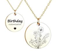 Coosttoom Personalized Name Necklace, Build Your Own Bouquet Birth Month Flowers, Personalized Jewelry Engraved Floral Coin Necklace, Customized Proposal/Birthday Gifts for Her/Mom Family (Gold)