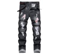 COOSVEN Men Ripped Jeans, Slim Fit Straight Leg, Denim Pants with Holes, Black E960, 32