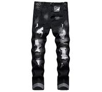 COOSVEN Men Ripped Jeans, Slim Fit Straight Leg, Denim Pants with Holes, Black Ripped With White Patches, 38
