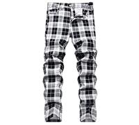 COOSVEN Men Ripped Jeans, Slim Fit Straight Leg, Denim Pants with Holes, Black White Plaid - Stretch, 32