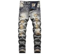COOSVEN Men Ripped Jeans, Slim Fit Straight Leg, Denim Pants with Holes, Brown, 30