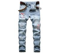 COOSVEN Men Ripped Jeans, Slim Fit Straight Leg, Denim Pants with Holes, Light Blue, 34