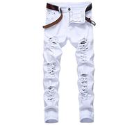COOSVEN Men Ripped Jeans, Slim Fit Straight Leg, Denim Pants with Holes, White - Stretch, 48