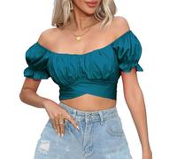 COOUFE Women's Crop Tops Ruffle Short Sleeve Tie Back Summer Off Shoulder Top Blouse, Teal Blue, M