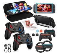 COOWPS Switch 2 Pro Controller Accessories Bundle 17-in-1, Switch 2 Pro Controllers*2, Carrying Case, PC Protective Case, Joycon Grips, Steering Wheels, Screen Protector, Thumb Grips for Switch 2