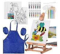 COOZEE Art Painting Set for Kids with Table Easel, Acrylic Painting Starter Kit with 12 Acrylic Paints, 12 Water Soluble Colored Pencils, Paint Brushes, Canvas Panels, and Watercolor Pad, Blue