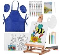 COOZEE Painting Set for Kids with Table Easel-Acrylic Painting Starter Kit with Art Smock, 12 Acrylic Paints, 12 Water Soluble Colored Pencils, Paint Brushes, Canvas Panels and Watercolor Pad