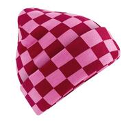 COOZO Checkerboard Print Design Darted Crown Streetwear Appeal Beanie - Classic Red/True Pink - One Size