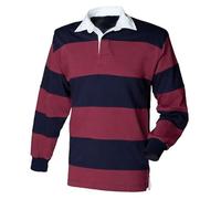 COOZO Men's Regular Fit Heavyweight Sewn Stripe Rugby Shirt - Burgundy/Navy - M