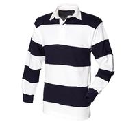 COOZO Men's Regular Fit Heavyweight Sewn Stripe Rugby Shirt - White/Navy - L