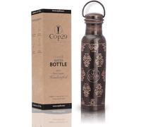 Cop29 Hand Engraved Heavy Gauge Premium Pure Copper Mira Antique Water Bottle with Handle & Ayurvedic Health Benefits - 900ml/30oz