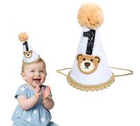 Copbopwn 1st Birthday Hat, First Birthday Hat with Pom Adjustable Baby First Birthday Cone Cap First Birthday Gifts for Boys Girls Cake Smash Party Photo Prop, Soft White Brown Party Hats