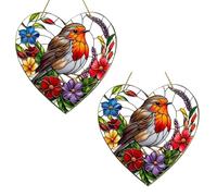 Copbopwn 2Pcs Large Heart-Shaped Robin Sun Catcher for Windows, Robin Gifts, 20x20cm Stained Glass Effect Acrylic Hanging Ornament, Colorful Garden Present for Home Decor, Bird Lover Present