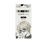 Copic Ciao Manga Comics Marker Set with 3 Coordinated Grey Tones, Includes Paint Marker in White, 2 Multiliners 0.3 and 0.5 mm in Black, Twin Marker with Medium Width and One Brush Tip