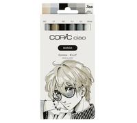 Copic Ciao Manga Comics Marker Set with 3 Coordinated Grey Tones, Includes Paint Marker in White, 2 Multiliners 0.3 and 0.5 mm in Black, Twin Marker with Medium Width and One Brush Tip