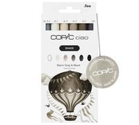 Copic Ciao Shade Set, Warm Grey + Black, 6 Pieces | Grey Tone Mini Palette with 3 Professional Copic Ciao Refillable Alcohol Markers | Includes 1 x Multiliner