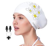 COPOZZ Extra Large Swim Cap for Women - Super Stretchy & Waterproof Silicone, Fits All Hair Types Long Short Thick Curly & Dreadlocks, Includes Earplugs & Nose Clip（Daisy）