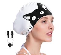 COPOZZ Extra Large Swim Cap for Women - Super Stretchy & Waterproof Silicone, Fits All Hair Types Long Short Thick Curly & Dreadlocks, Includes Earplugs & Nose Clip（Black Cat）