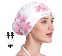 COPOZZ Extra Large Swim Cap for Women - Super Stretchy & Waterproof Silicone, Fits All Hair Types Long Short Thick Curly & Dreadlocks, Includes Earplugs & Nose Clip（Cherry Blossom）