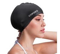 COPOZZ Women‘s Swim Cap for All Hair - Large, Comfortable Silicone Swimming Cap, Waterproof Design for Long, Short, Thick & Curly Hair | Secure & Comfortable Fit (Black-12yrs+)