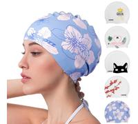 COPOZZ Women‘s Swim Cap for All Hair - Large, Comfortable Silicone Swimming Cap, Waterproof Design for Long, Short, Thick & Curly Hair | Secure & Comfortable Fit (Blue Flower-12yrs+)