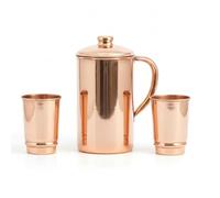 COPPAYA Pure Copper Ayurveda Pitcher and Tumbler Set | Plain Smooth Jug with 2 Tumblers | 1.5 Litre Water Pitcher & 350ml Cups | Traditional Copper Drinkware | Made in India