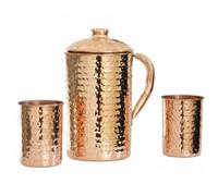 COPPAYA Pure Copper Hammered Water Pitcher with 2 Tumblers Set, 1.5 Litre Jug and 350ml Cups, Traditional Ayurveda Drinkware