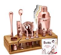 Copper 23-Piece Bartender Kit Cocktail Shaker Set by BARILLIO: Stainless Steel Rose Gold Bar Tools with Sleek Bamboo Stand, Velvet Carry Bag & Recipes Booklet
