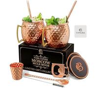Copper-Bar Moscow Mule Copper Mugs | Set of 2 Hammered Cups | 100% Handcrafted Pure Solid Copper | Gift Set with Cocktail Straws | Shot Glass | Coasters | Copper Stirrer & Beer Opener