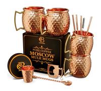 Copper-Bar Moscow Mule Copper Mugs | Set of 4 Hammered Cups | 100% HANDCRAFTED Pure Solid Copper | Gift Set With Cocktail Straws | Shot Glass | Coasters | Copper Stirrer & Beer opener (B072JKKB8W)
