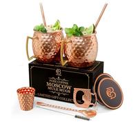 COPPER-BAR Moscow Mule Copper Mugs - Unique HANDCREFTED Gift Set of 2, Hammered by Artisan, 100% Pure Solid Copper Cups 16oz for Drinking Water & Cocktails, Include 12 Pcs accessories & Special Opener