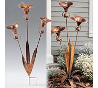 Copper Calla Lily Wind Chime Bird Feeder Garden Stake - Handcrafted Wrought Iron Yard Sculptures Metal Flower Stake with Bells, Weather Resistant Outdoor Decor Gifts for Garden Lovers