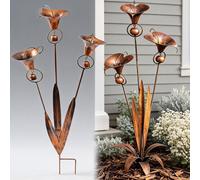 Copper Calla Lily Wind Chime Bird Feeder Garden Stake - Handcrafted Wrought Iron Yard Sculptures Metal Flower Stake with Bells, Weather Resistant Outd