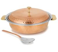 Copper Casserole Donga Bowl with Lid & Spoon - Hand-Hammered Design, Stainless Steel Inner, Brass Handles - Traditional Indian Handi for Serving Biryani, Curry, or Dal - 900ml, 20cm Diameter