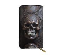 Copper-Colored Skull Patterned Leather Long Wallet (7.5 * 4.1 inches) | Extra Large Multi-Function Compartment | Great Gift