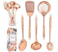 Copper Cooking Utensils Set - 5-Piece Rose Gold Stainless Steel Kitchen Tools for Cooking and Serving Includes Ladle, Spoon, Pasta Fork, Spatula, and Skimmer - Stylish Copper Kitchen Accessories