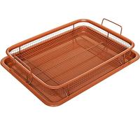 Copper Crispy Oven Tray Sets 2-Piece Non-Stick Air Fryer Compatible Crisper Basket and Tray for Healthy Cooking, Baking & Grilling Oven Safe Copper Kitchen Cookware Rectangle & Round (Rectangle 30cm)