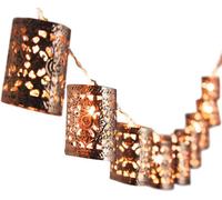 Antique Copper Finish Moroccan Style String Lights - Battery Powered Metal Marrakesh Design LED Lanterns - Home Table Mantelpiece Lighting Decoration, 173cm Long, Each Light H5 x 4cm Diameter